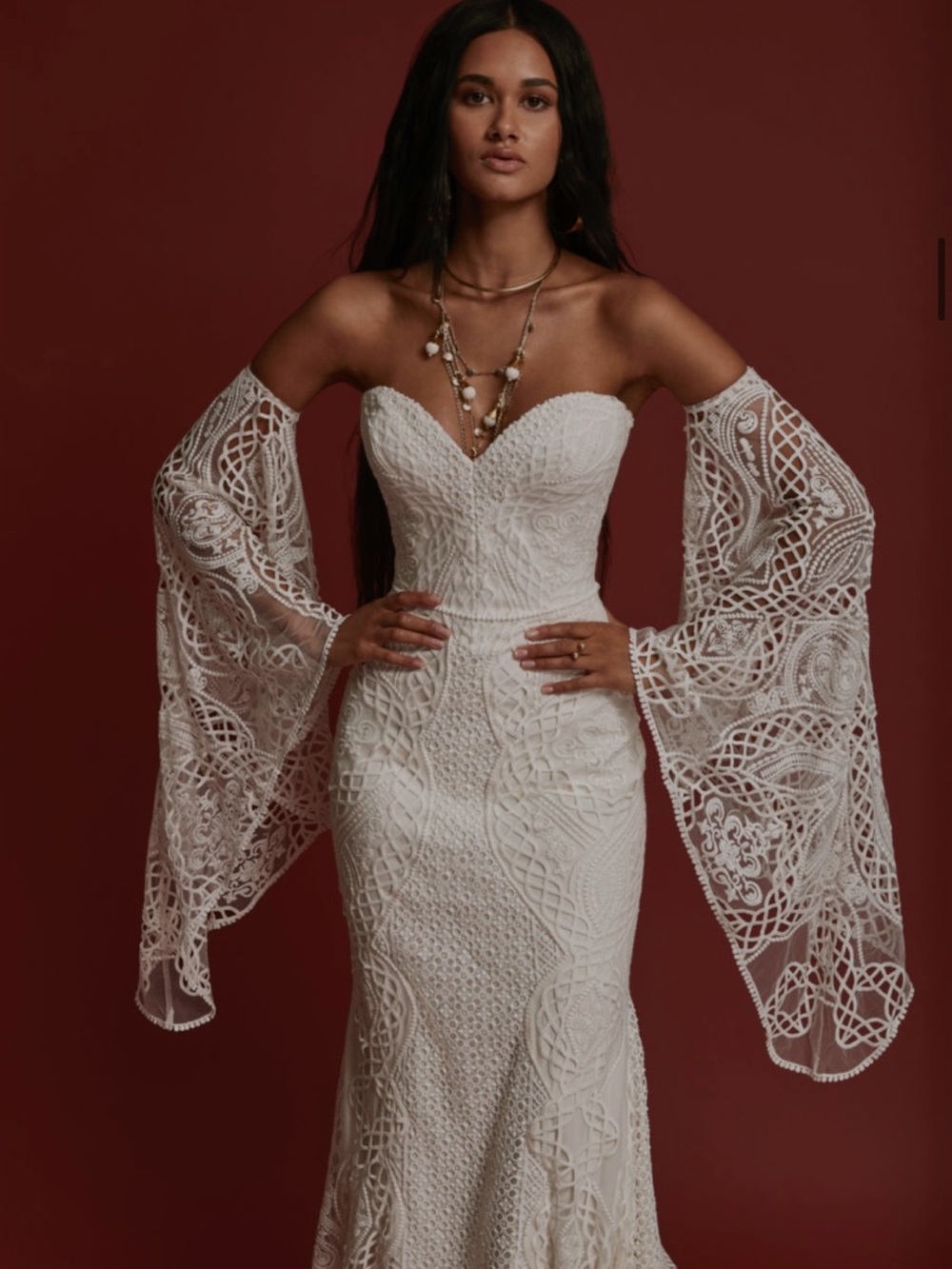 Rue De Seine Maven White Lace Mermaid Gown with Detached Luna Lace Bell Sleeves